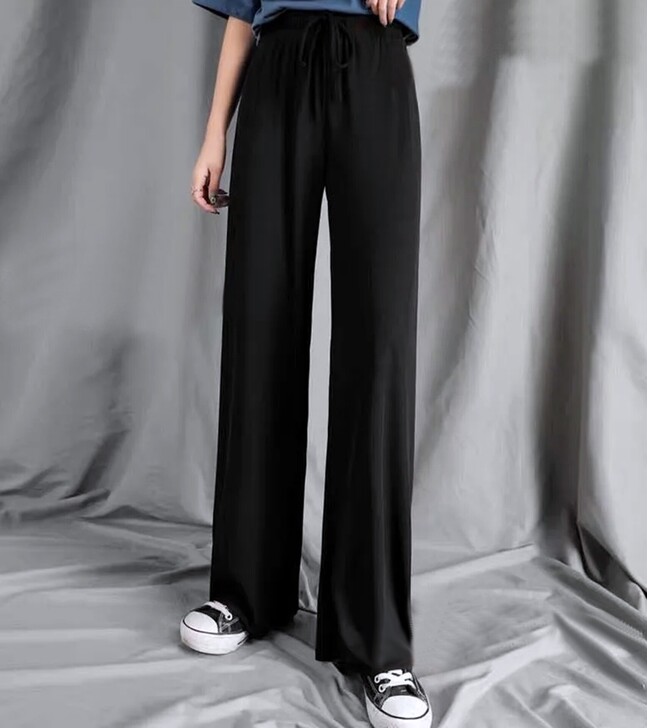 冰丝女学生夏季高腰垂坠感小个子拖地9分黑色...