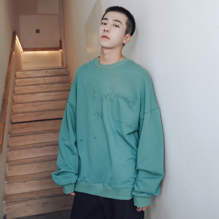 春秋基础纯色口袋圆领卫衣男士潮流韩版套头衣...