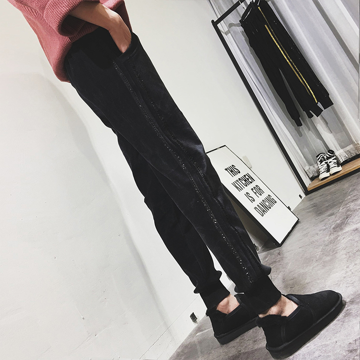 秋冬季加绒加厚运动裤女金丝绒小脚休闲裤子韩...