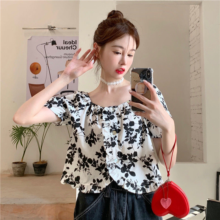 花衬衫夏季2021新款复古短款设计感木耳边...