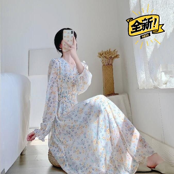 可盐可甜温柔风长裙脚踝仙气超仙女森系V领雪...
