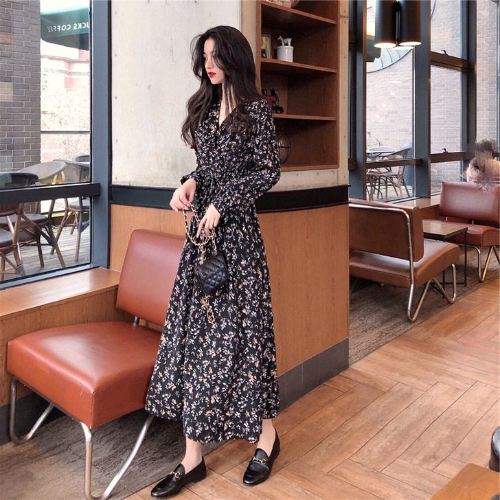 2021年春装新款女长裙脚踝法式轻熟茶歇桔...