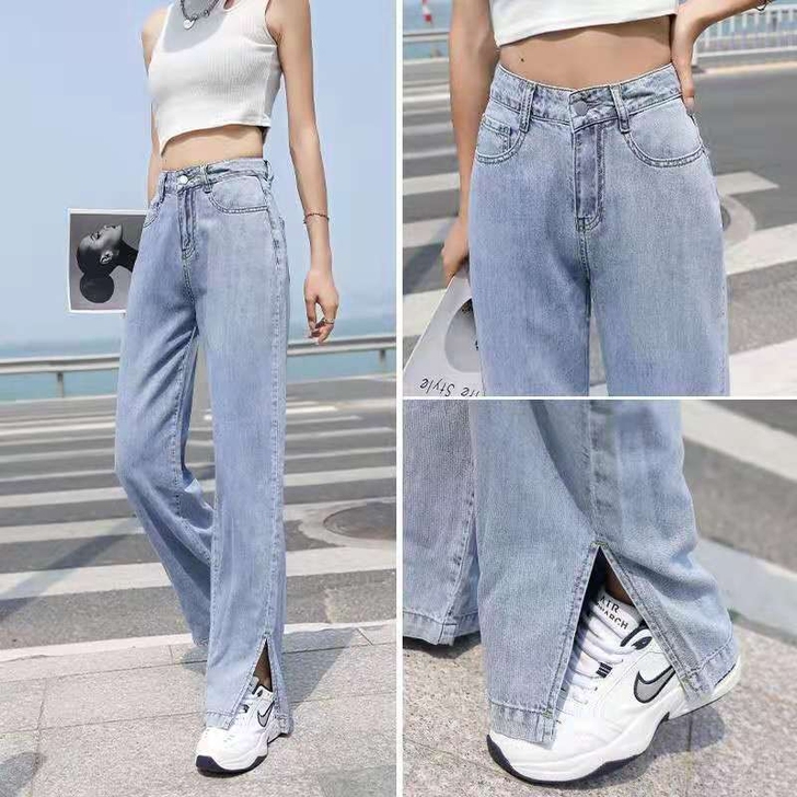 开叉阔腿牛仔裤女直筒宽松泫雅风高腰2021...