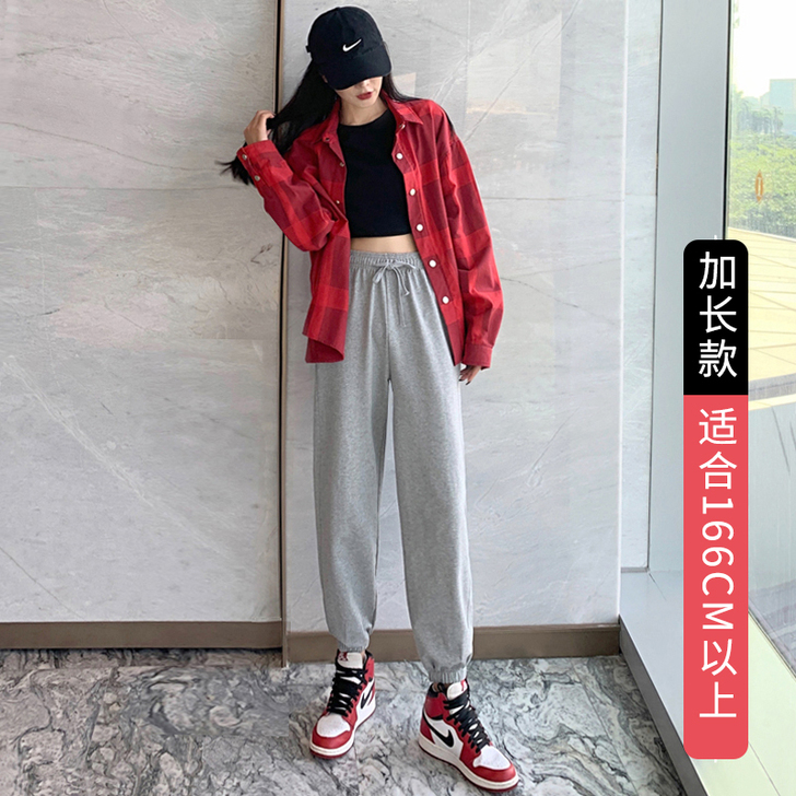 加绒灰色运动裤女宽松束脚裤秋冬季加厚显瘦百...