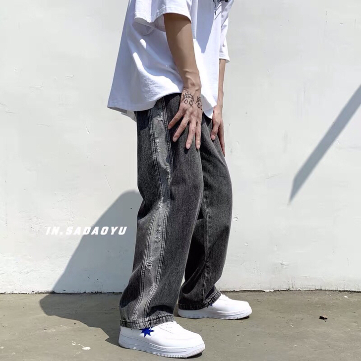 复古嘻哈美式街头嘻哈毛边牛仔裤男破坏高街微...