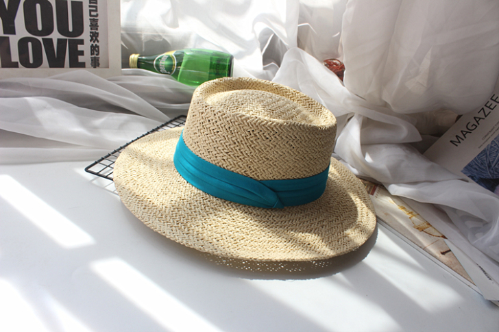 夏季帽子平顶草帽女遮阳帽拉菲草帽沙滩度假防...