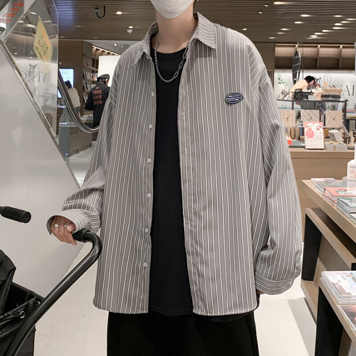 痞帅竖条纹衬衫男港风日系潮牌帅气防晒衬衣外...