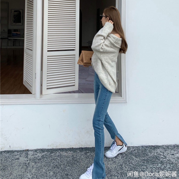 夏季新款高腰牛仔裤时尚开叉修身辣妹显瘦紧身...