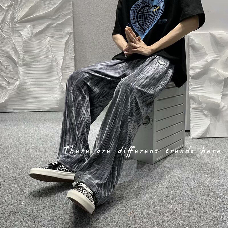 高街扎染冰丝裤子男夏季薄款ins宽松拖地休...