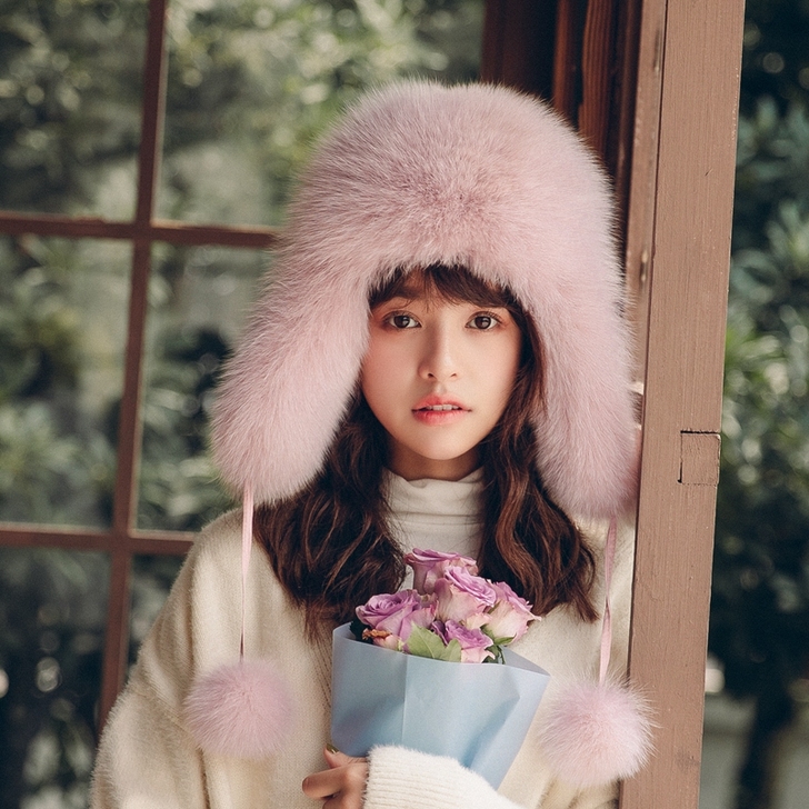 狐狸毛帽子女冬季甜美可爱韩版时尚潮牌雷锋帽...