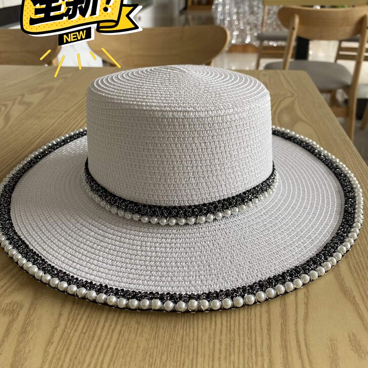 夏天防晒帽韩版潮珍珠草帽女海边遮阳礼帽