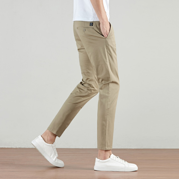 九分裤男卡其色修身小脚休闲裤潮流百搭弹力收...
