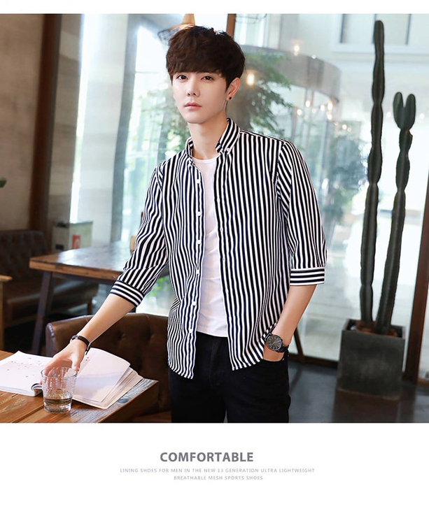全新 ##amp;nbsp;条纹衬衫男夏季...