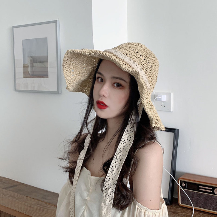 草帽女夏季沙滩薄款百搭防晒遮阳帽度假编织镂...