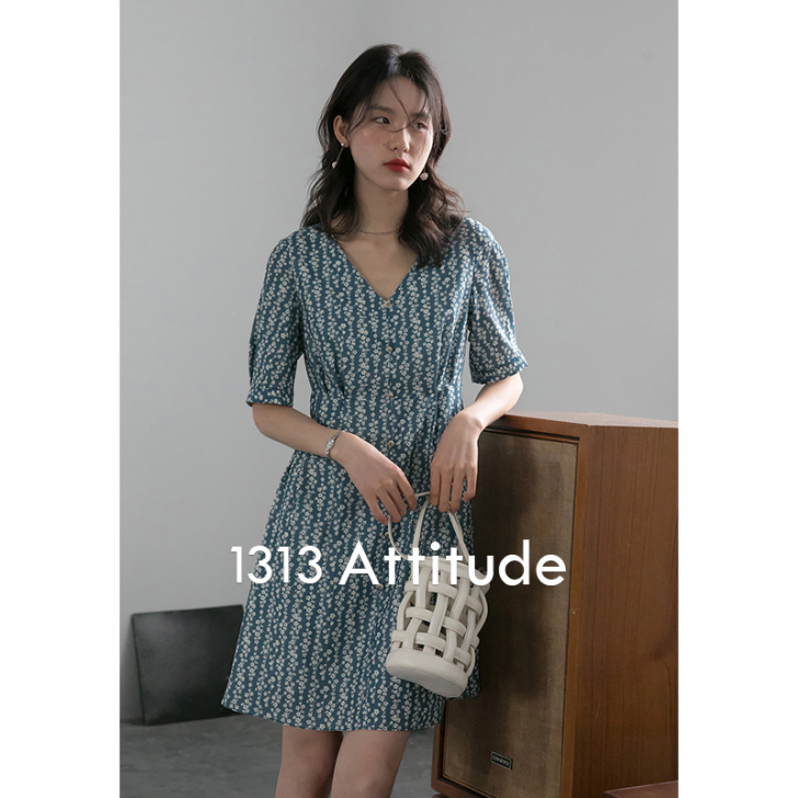1313 森系文艺复古碎花V领蓝色裙子 2...