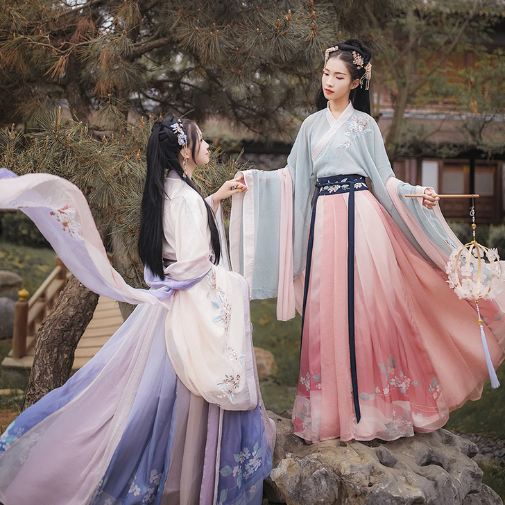 汉尚华莲无尽夏汉服女原创刺绣交领襦裙渐变色...