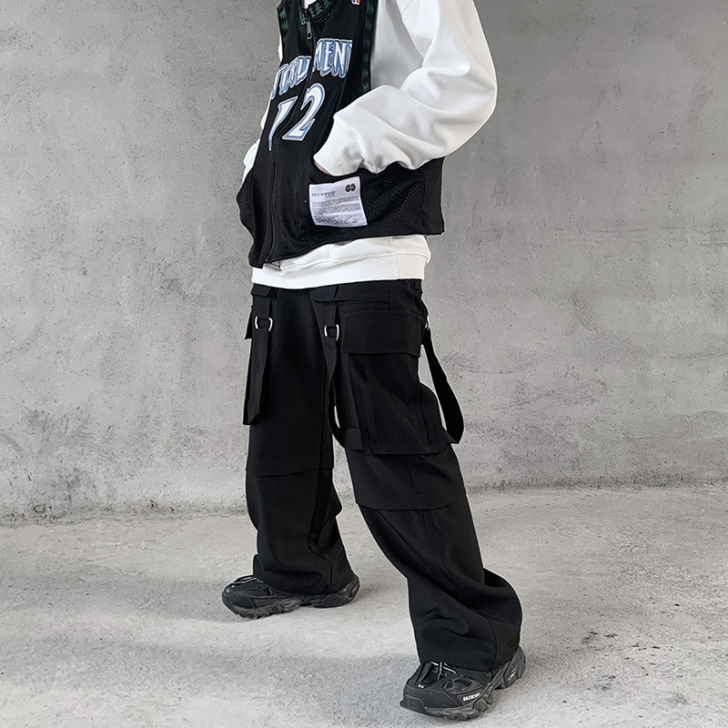 黑衣先生 暗黑高街战术飘带机能长裤男小众亚...