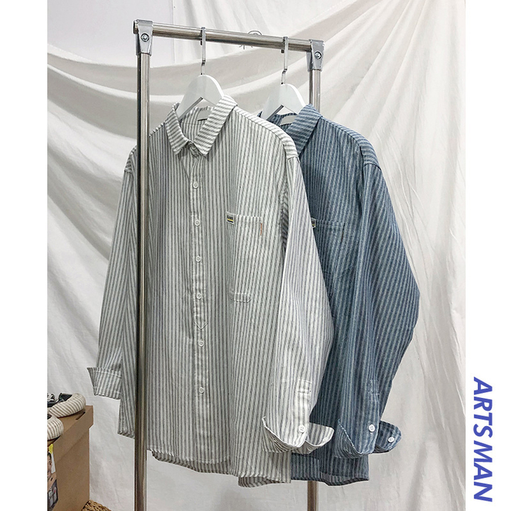 港仔文艺男 条纹长袖衬衫韩版港风潮流休闲男...