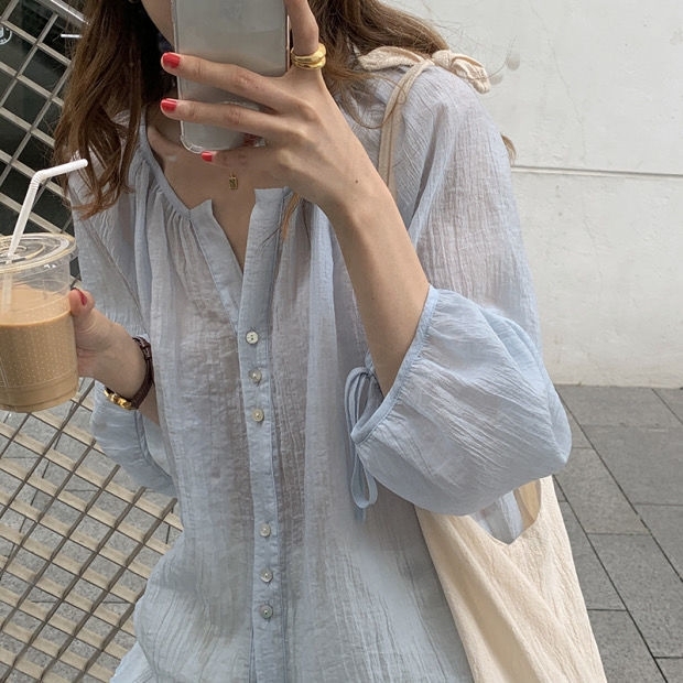 女士防晒衬衫薄款灯笼袖休闲宽松