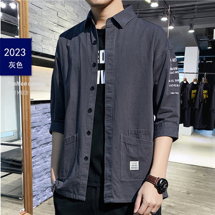 100%纯棉男士七分袖衬衫韩版潮流男生宽松...