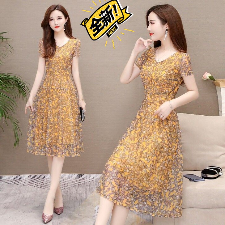 中年网纱碎花连衣裙女中长款气质40-50岁...