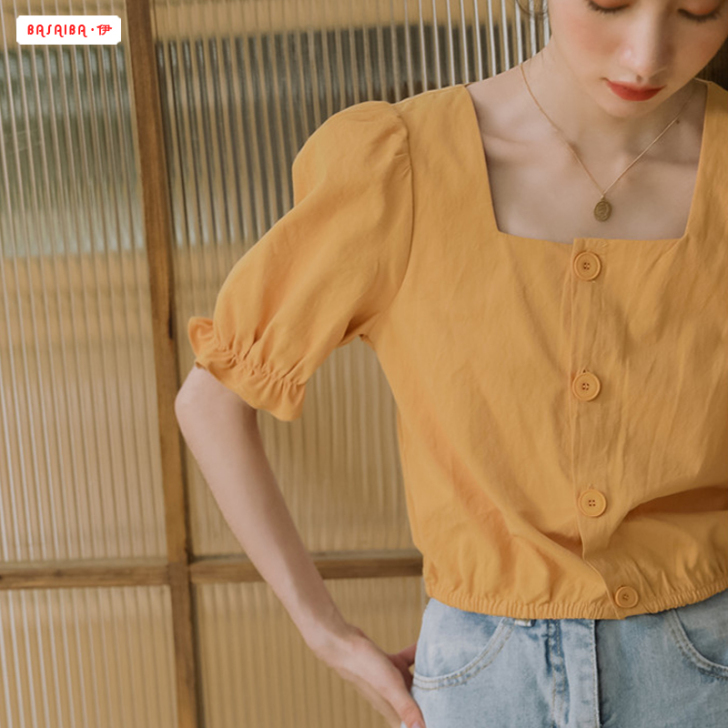 2021年新款法式方领短款锁骨小心机上衣短...