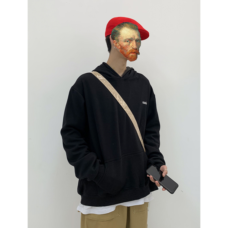 小尼力嘻哈bf秋季港风加绒连帽套头纯色男士...