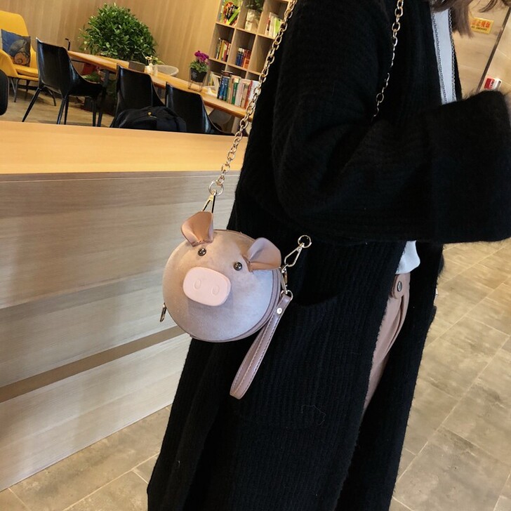 可爱小包包女韩版手提绒面单肩斜挎小圆包链条...