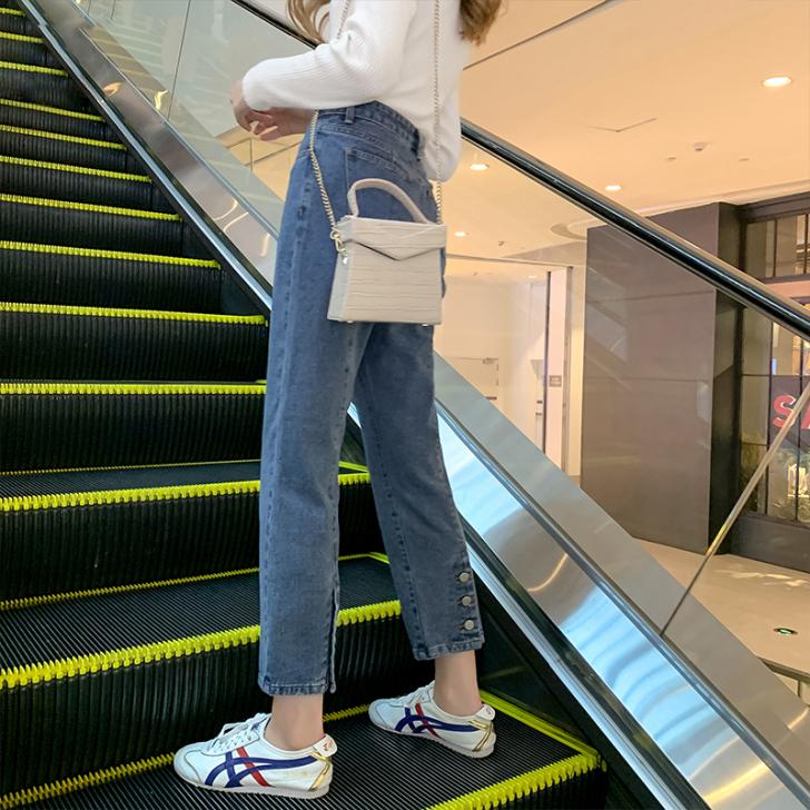 MG小象高腰宽松显瘦牛仔裤女2021春季新...