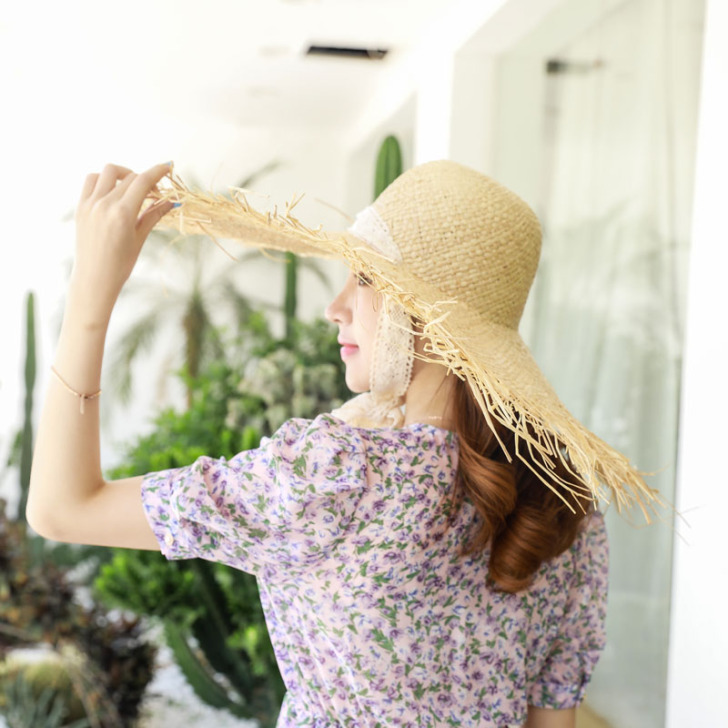 帽子女夏天拉菲草百搭旅游蕾丝沙滩帽韩版草帽...