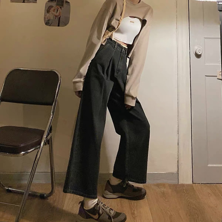 jmwomen 蕾丝边高腰牛仔裤女春秋韩版...