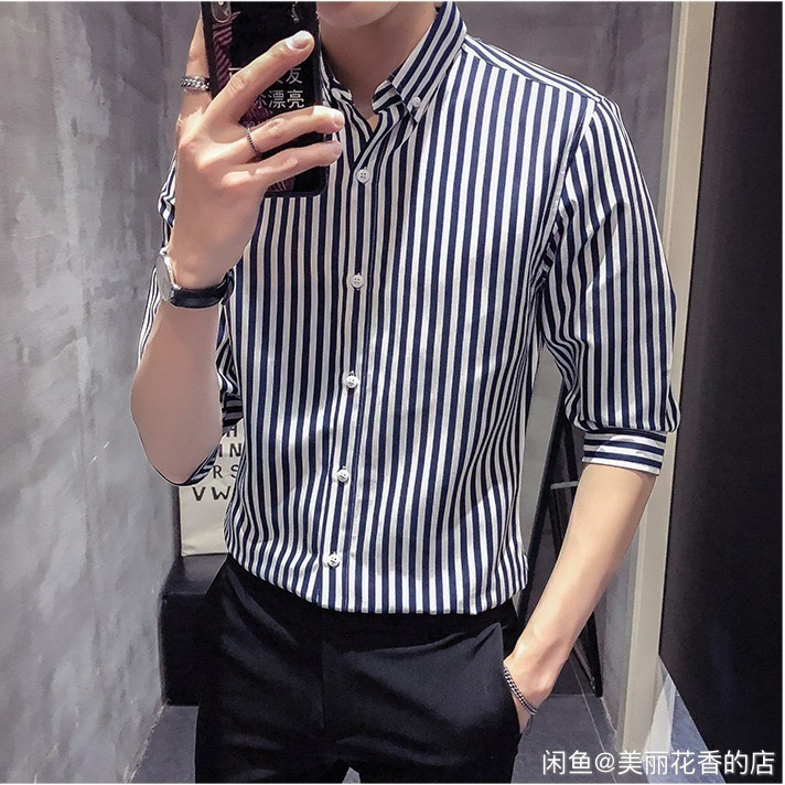 夏季七分袖衬衫男韩版修身潮流短袖发型师半袖...