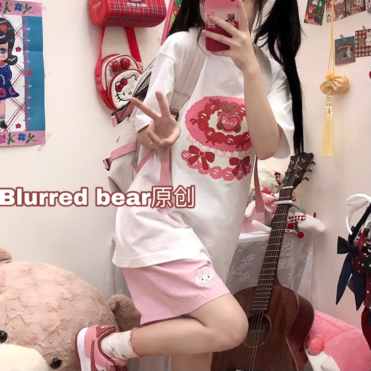 原创自制可爱休闲日系短裤女夏季宽松高腰学生...