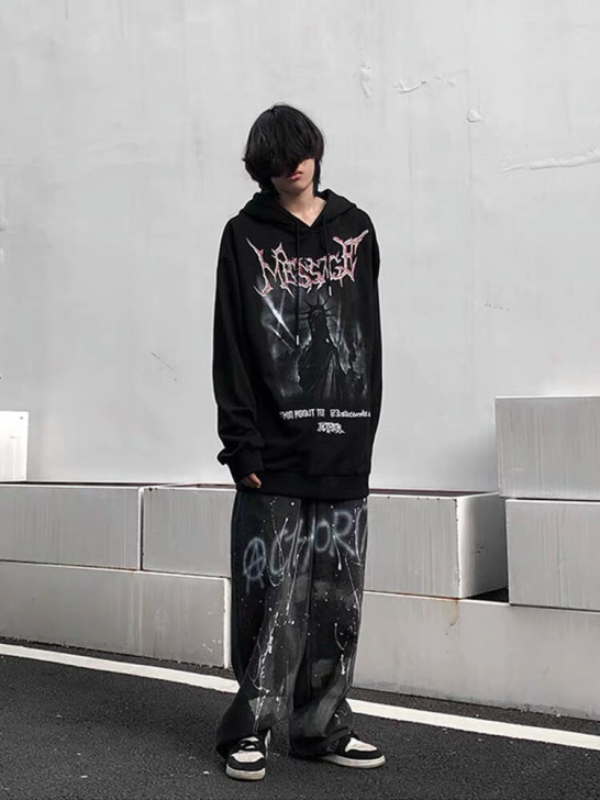 尾郎的店 高街手绘涂鸦牛仔裤男ins潮宽松...