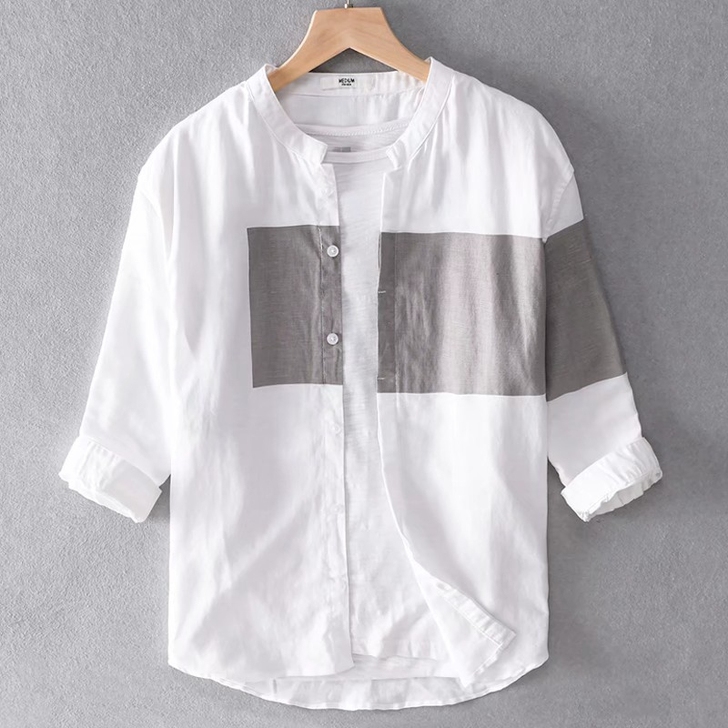 拼色七分中袖亚麻衬衫男棉麻短袖夏季无领半袖...