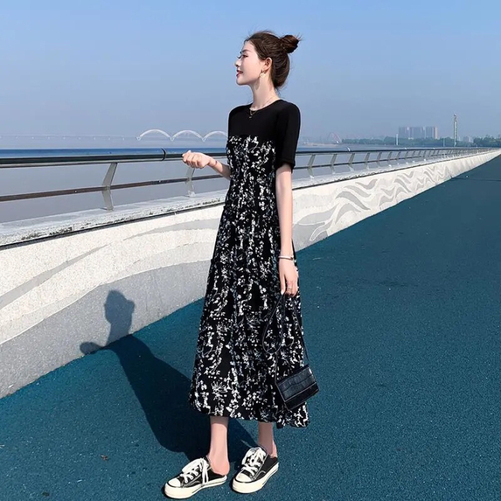 连衣裙女2021夏新款大码女装中长款雪纺拼...