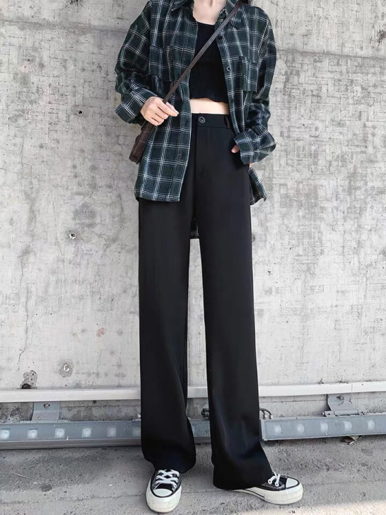阔腿裤女高腰垂感黑色裤子显瘦学生春秋西装裤...