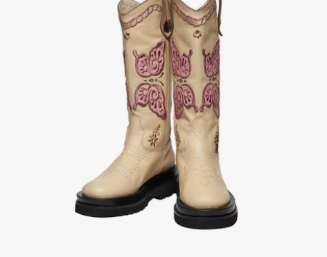 2022春秋新款百搭刺绣套筒牛仔靴中筒V口...