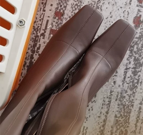 2021秋冬新款小猫跟by长靴侧拉链方头f...