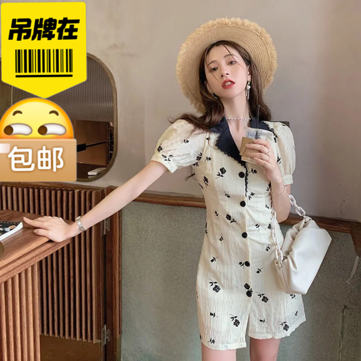 share泡泡袖西装领撞色玫瑰花连衣裙如涵...