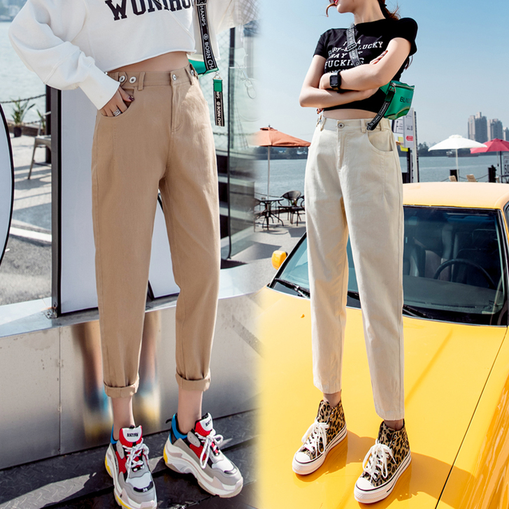 裤子女春秋季2019新款显瘦百搭高腰宽松工...