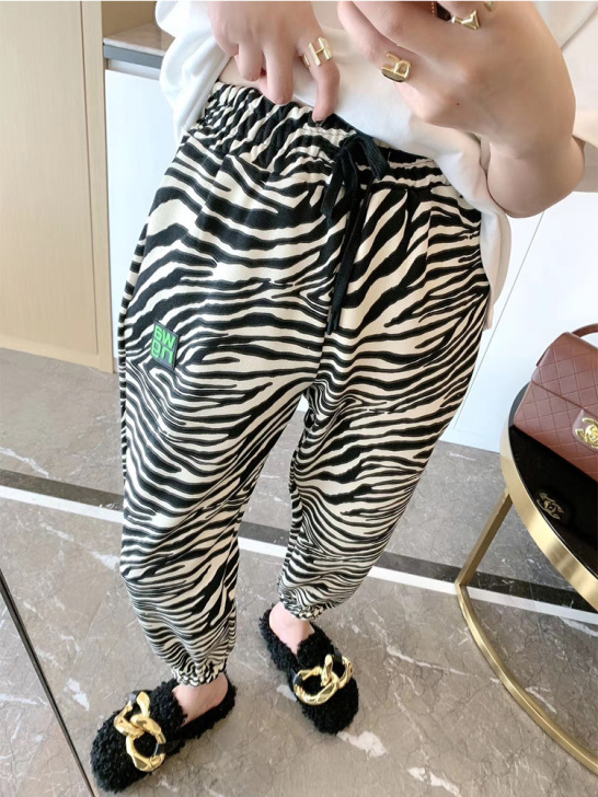 潮牌斑马纹加绒加厚运动休闲卫裤女宽松束脚百...