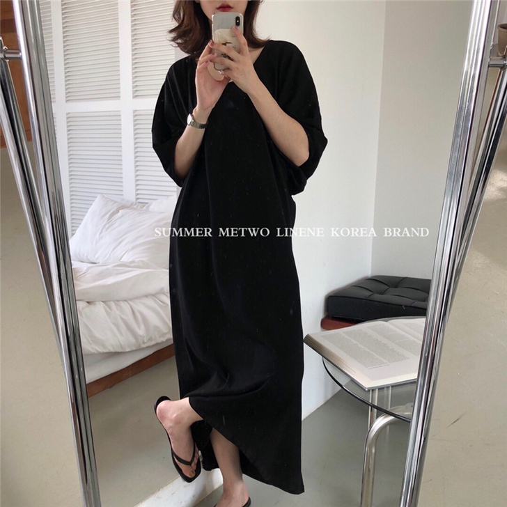 蝙蝠袖长裙连衣裙懒人T恤裙宽松显瘦休闲纯色...