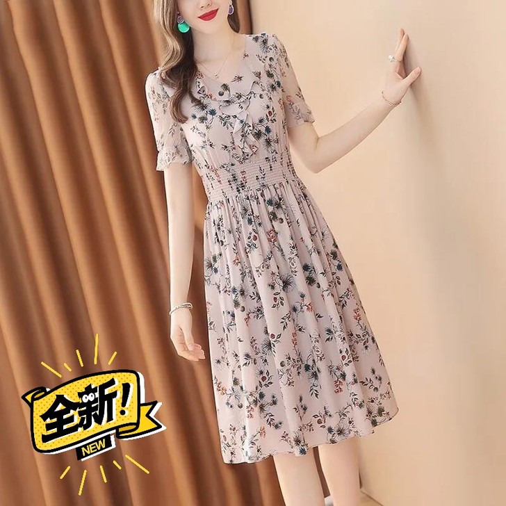2021夏季新款大码雪纺连衣裙遮肚显瘦碎花...