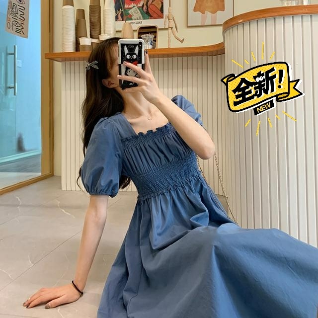 实体清仓收腰气质茶歇裙女法式复古桔梗裙方领...