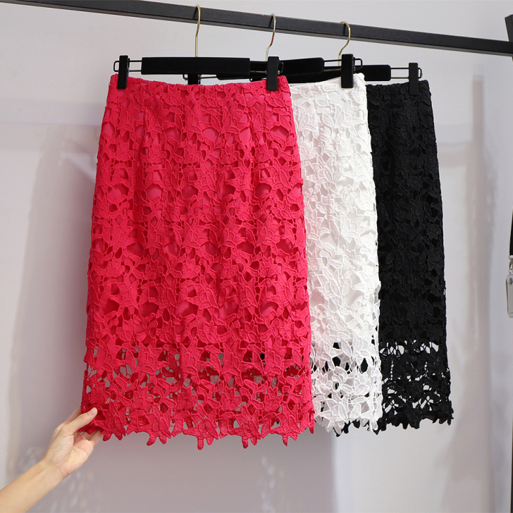 蕾丝半身裙女春夏中长款显瘦黑色裙子高腰一步...