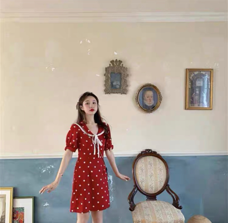 小清新甜美连衣裙厌世泫雅风海军领泡泡袖超仙...