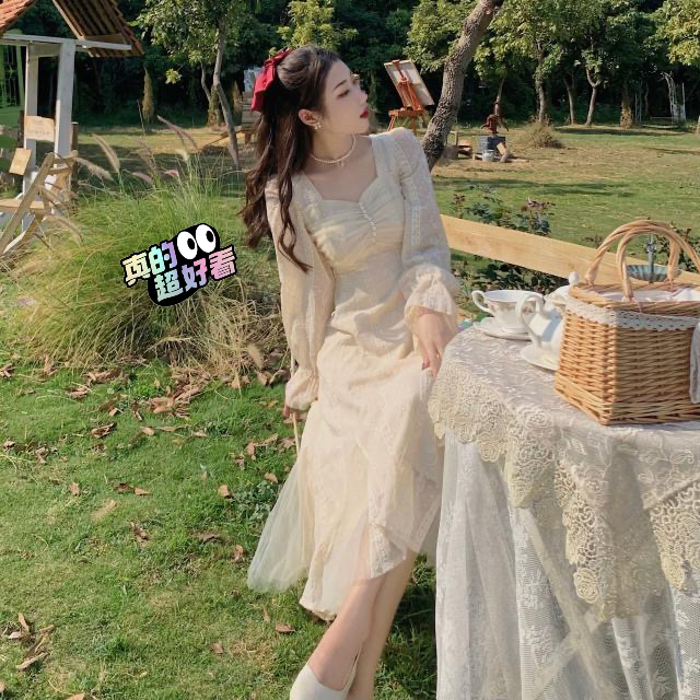防晒袖法式复古连衣裙温柔小众宫廷性感裙子仙...
