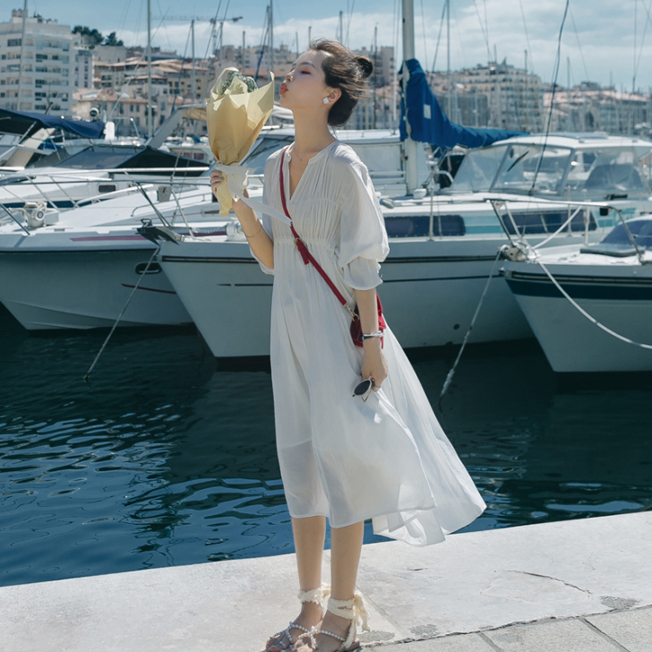 衬衫仙女裙子2019新款韩版收腰显瘦长款v...