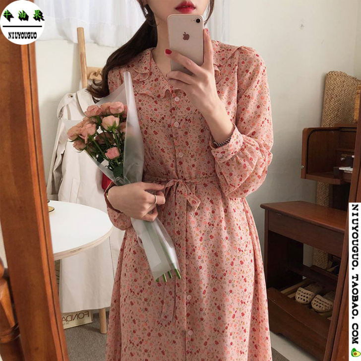 超仙森系甜美少女复古碎花连衣裙收腰显瘦气质...